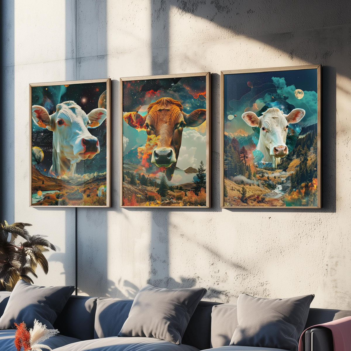 Cow Set of Three Art Prints - 3 Double Exposure Cattle Posters - Surreal Meadow Sky Nature Wall Art Gift Painting Celestial