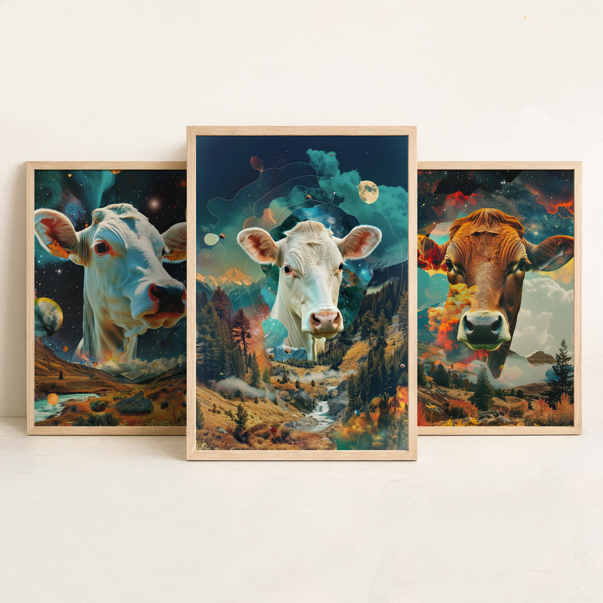 Cow Set of Three Art Prints - 3 Double Exposure Cattle Posters - Surreal Meadow Sky Nature Wall Art Gift Painting Celestial