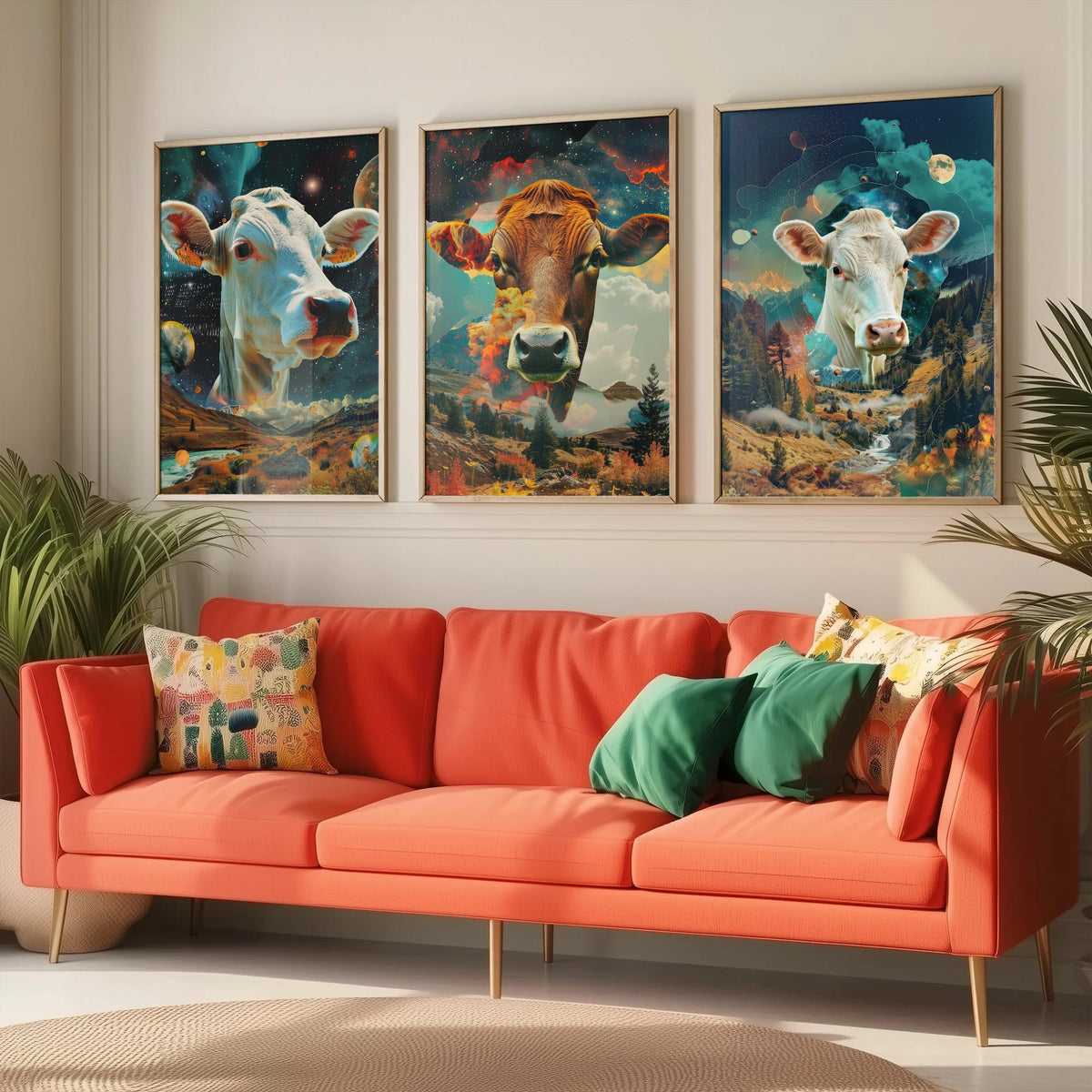 Cow Set of Three Art Prints - 3 Double Exposure Cattle Posters - Surreal Meadow Sky Nature Wall Art Gift Painting Celestial
