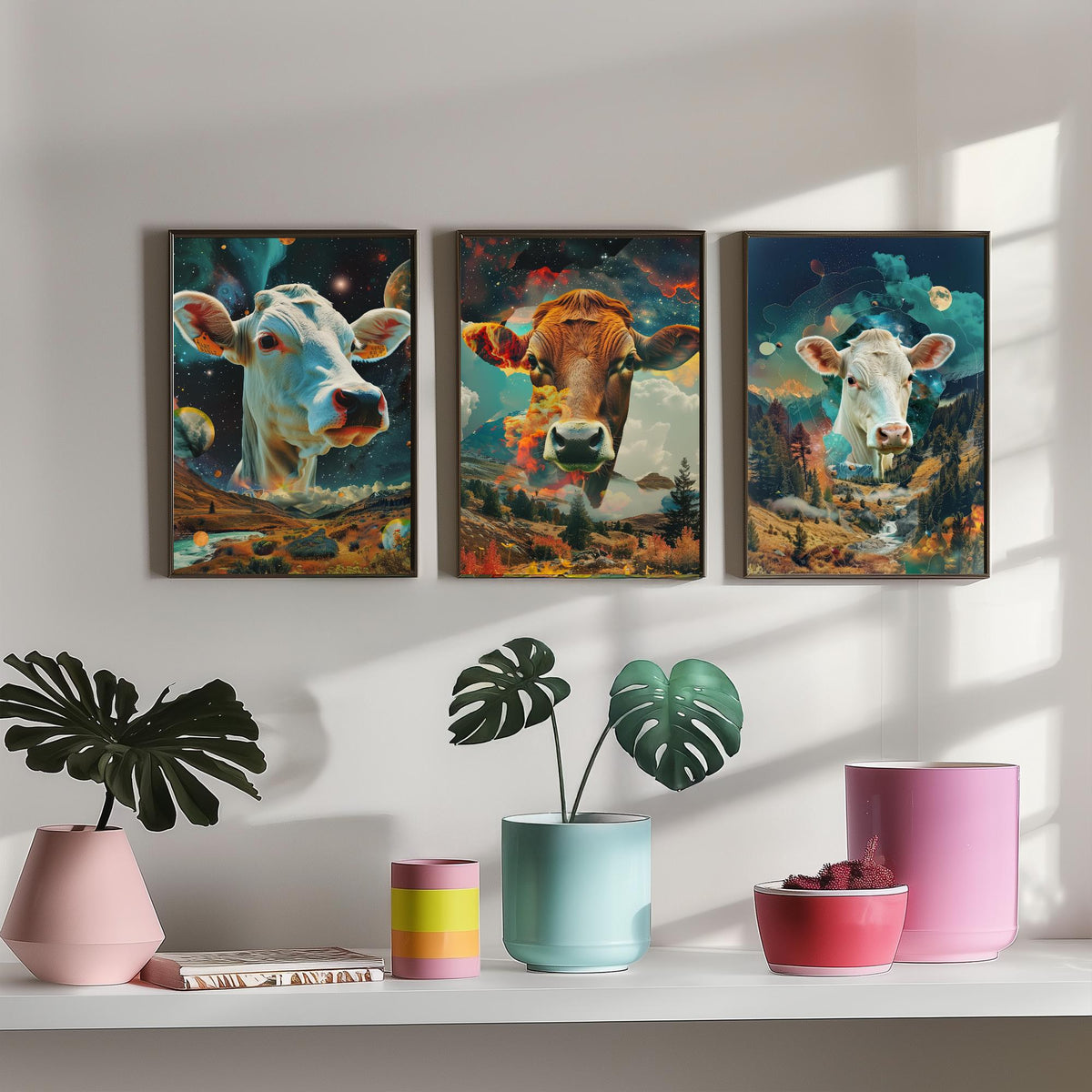 Cow Set of Three Art Prints - 3 Double Exposure Cattle Posters - Surreal Meadow Sky Nature Wall Art Gift Painting Celestial