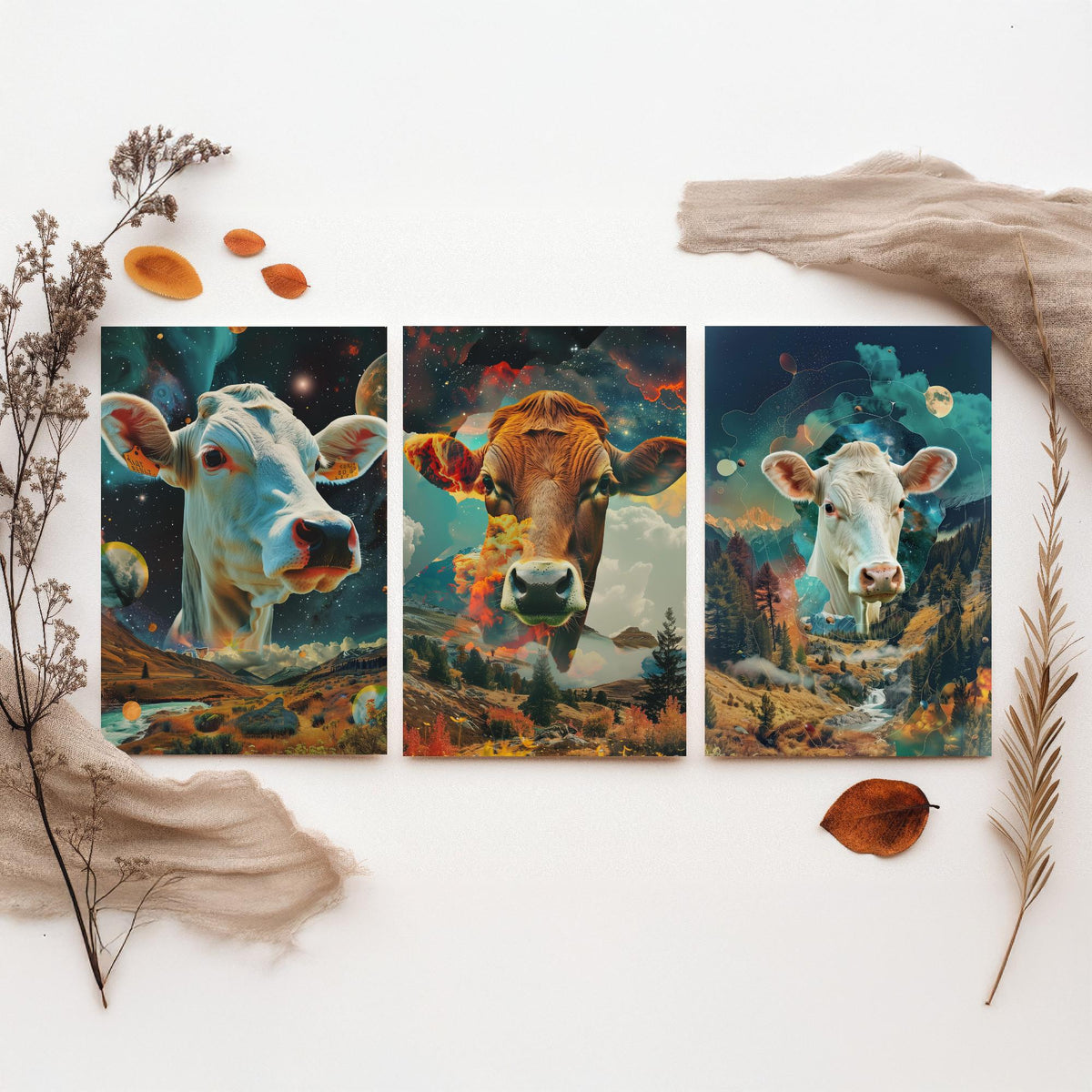 Cow Set of Three Art Prints - 3 Double Exposure Cattle Posters - Surreal Meadow Sky Nature Wall Art Gift Painting Celestial