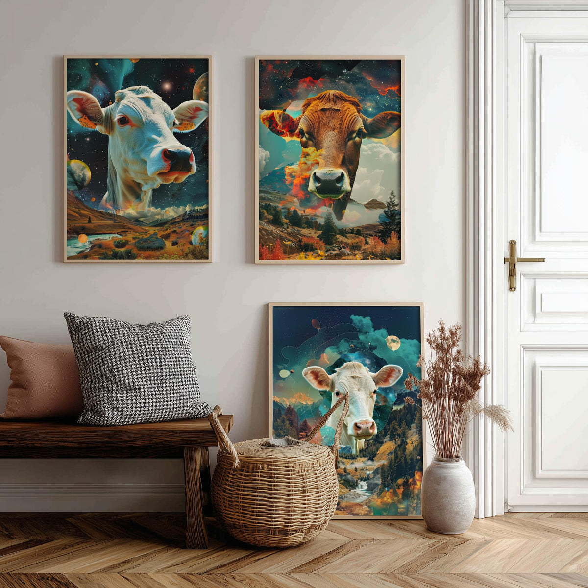 Cow Set of Three Art Prints - 3 Double Exposure Cattle Posters - Surreal Meadow Sky Nature Wall Art Gift Painting Celestial