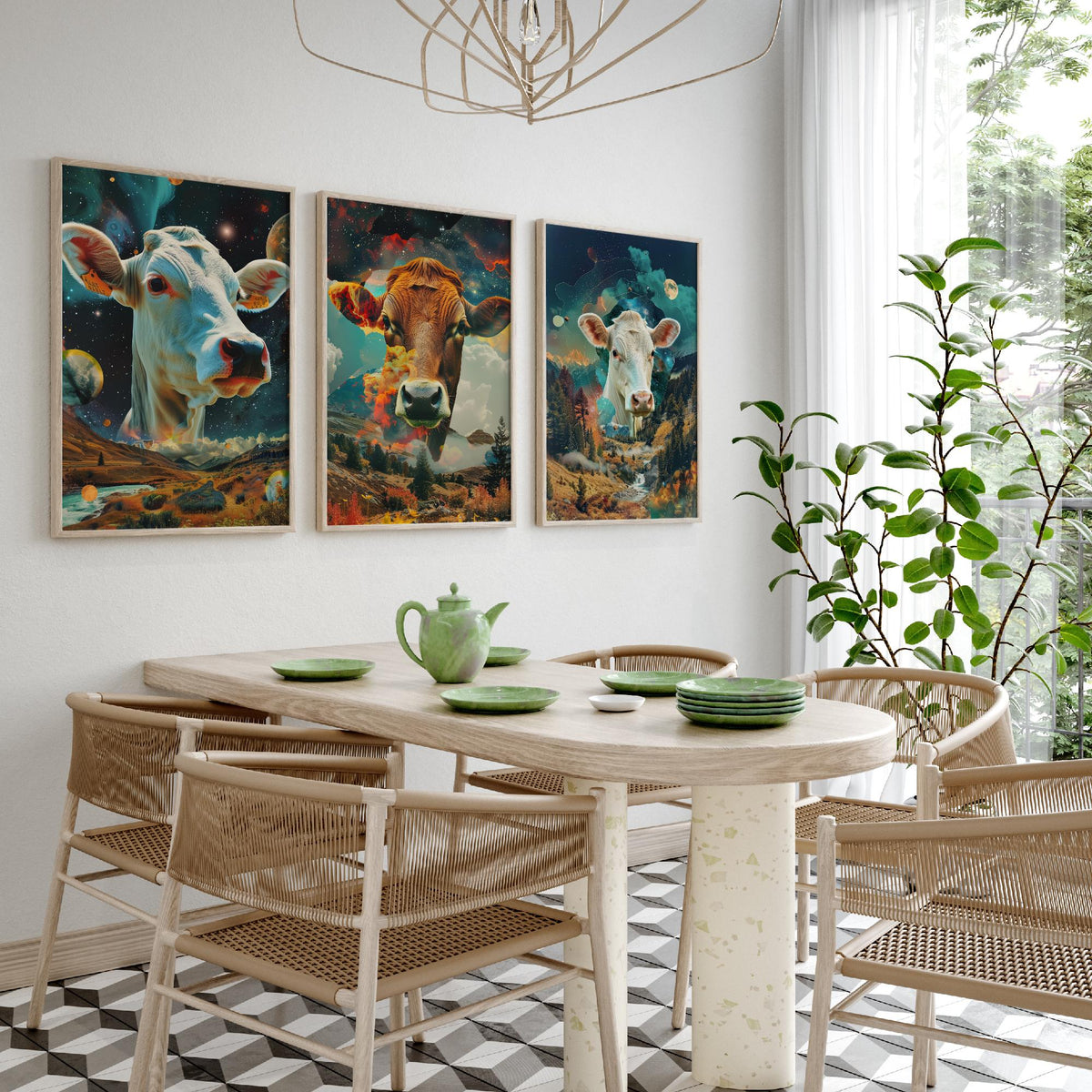 Cow Set of Three Art Prints - 3 Double Exposure Cattle Posters - Surreal Meadow Sky Nature Wall Art Gift Painting Celestial