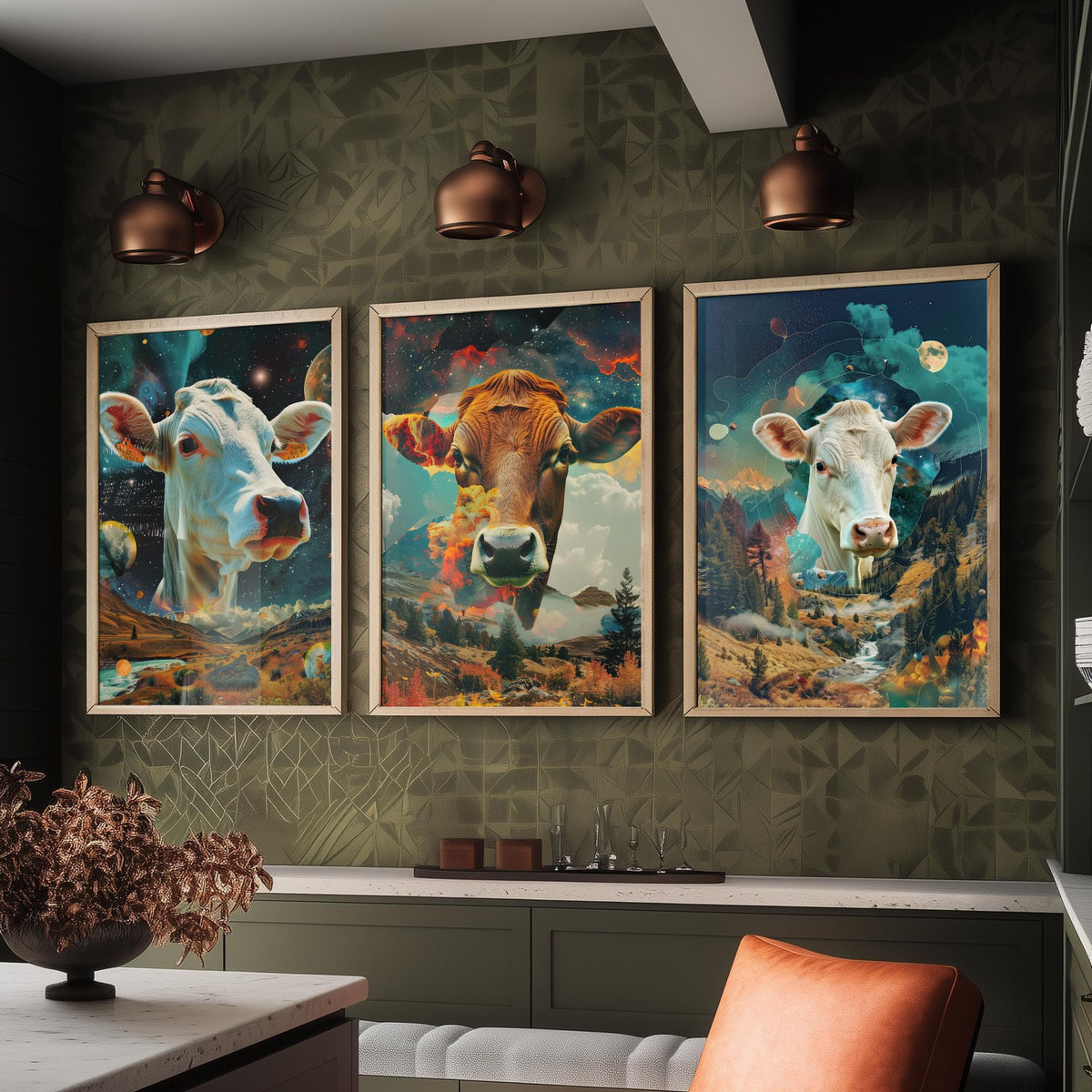 Cow Set of Three Art Prints - 3 Double Exposure Cattle Posters - Surreal Meadow Sky Nature Wall Art Gift Painting Celestial