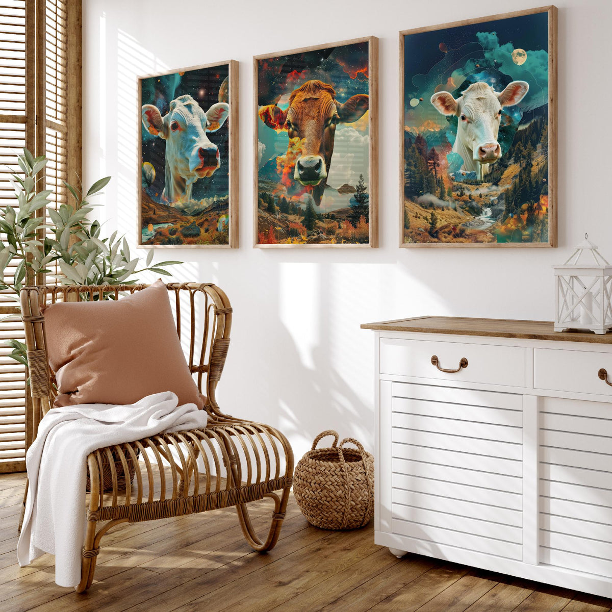 Cow Set of Three Art Prints - 3 Double Exposure Cattle Posters - Surreal Meadow Sky Nature Wall Art Gift Painting Celestial