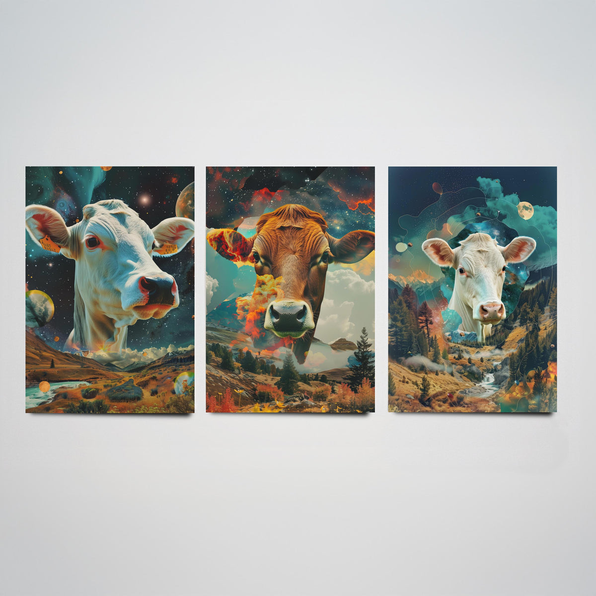 Cow Set of Three Art Prints - 3 Double Exposure Cattle Posters - Surreal Meadow Sky Nature Wall Art Gift Painting Celestial
