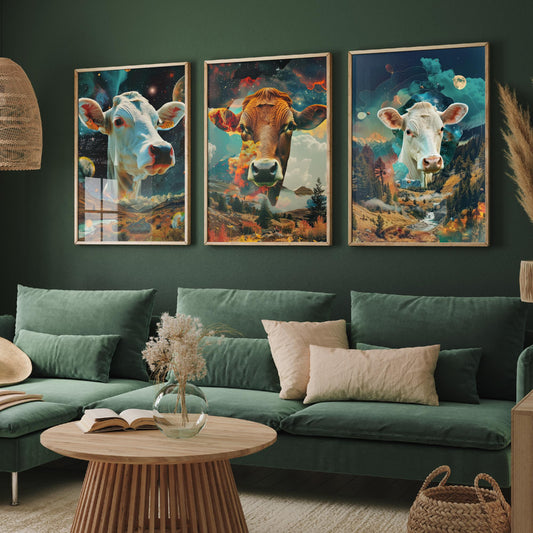 Cow Set of Three Art Prints - 3 Double Exposure Cattle Posters - Surreal Meadow Sky Nature Wall Art Gift Painting Celestial