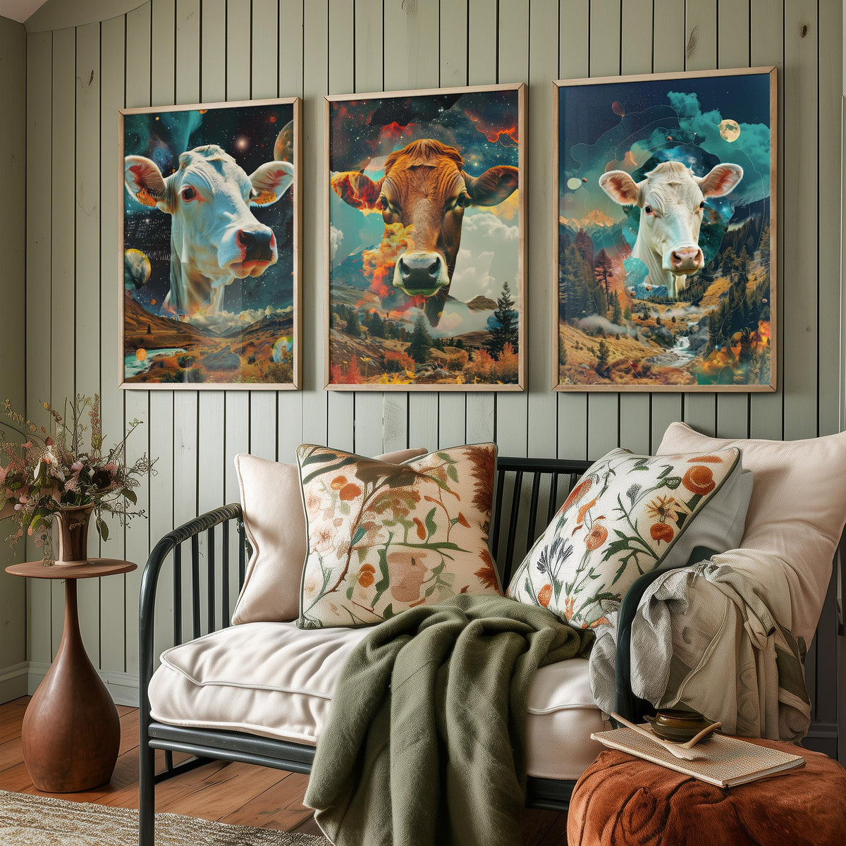 Cow Set of Three Art Prints - 3 Double Exposure Cattle Posters - Surreal Meadow Sky Nature Wall Art Gift Painting Celestial