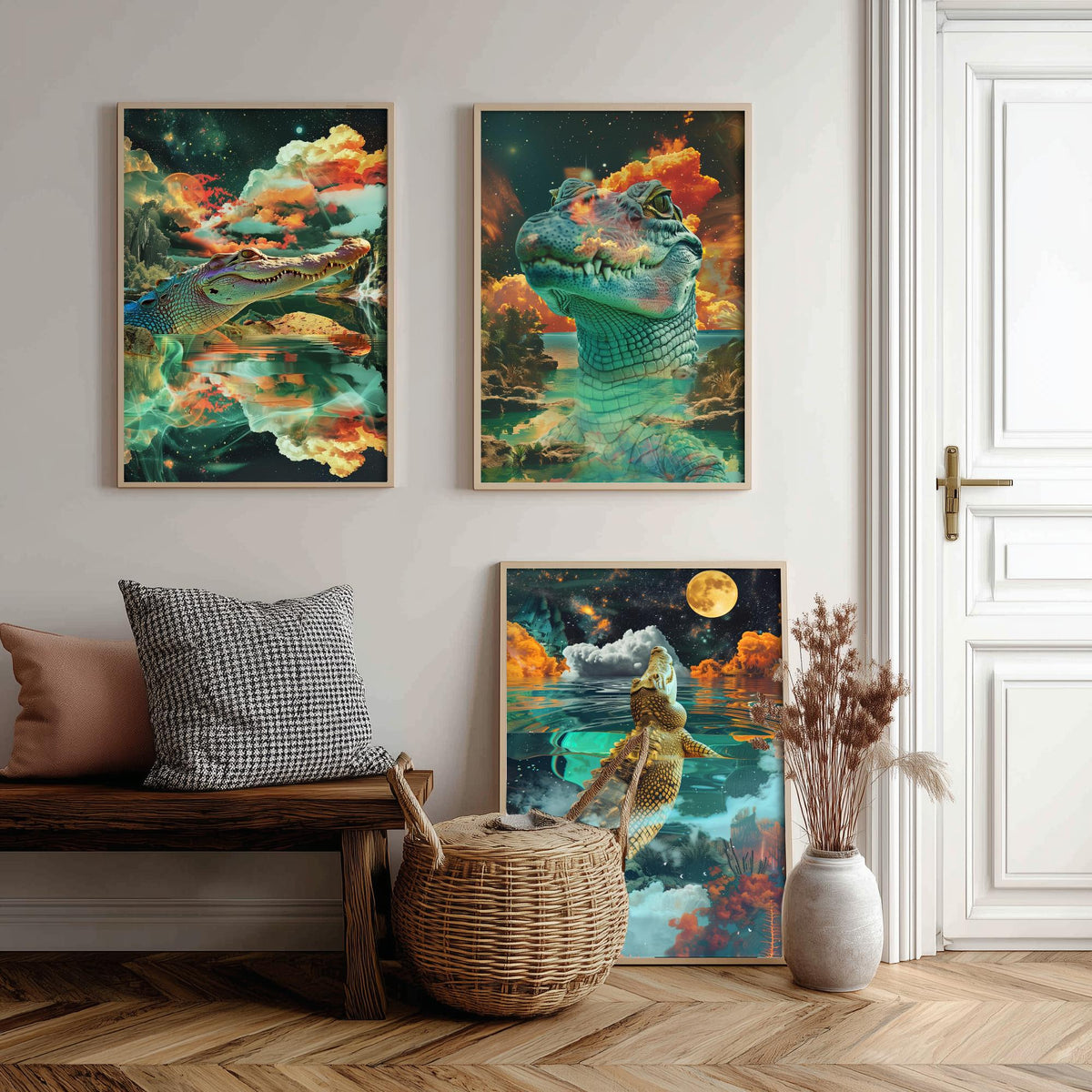 Crocodile Set of Three Art Prints - 3 Double Exposure Reptile Posters - Surreal Water Cloud Nature Wall Art Gift Painting