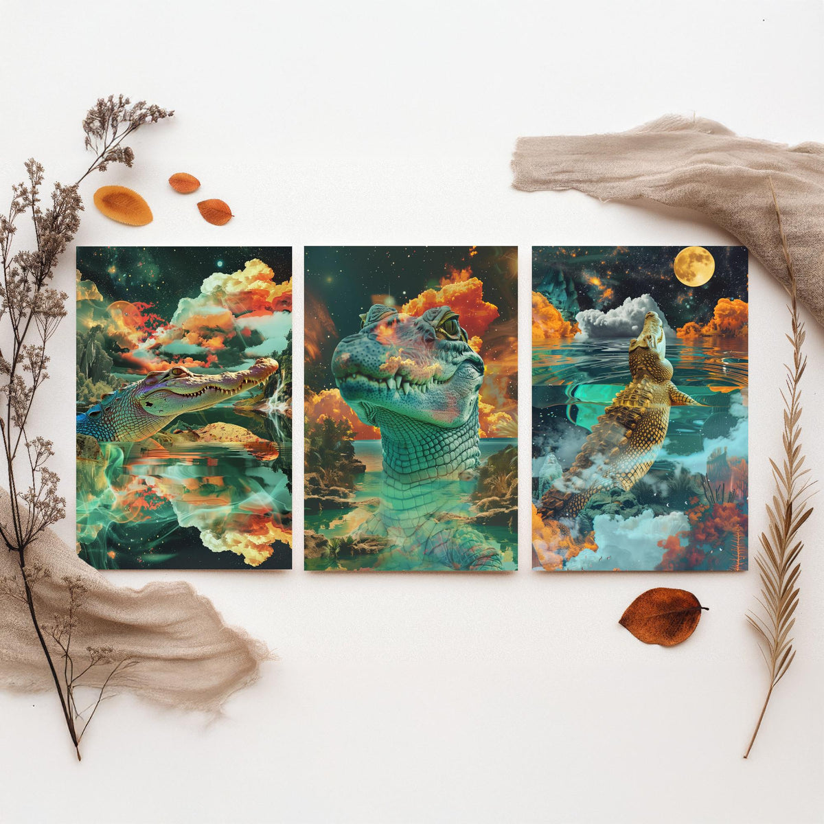 Crocodile Set of Three Art Prints - 3 Double Exposure Reptile Posters - Surreal Water Cloud Nature Wall Art Gift Painting
