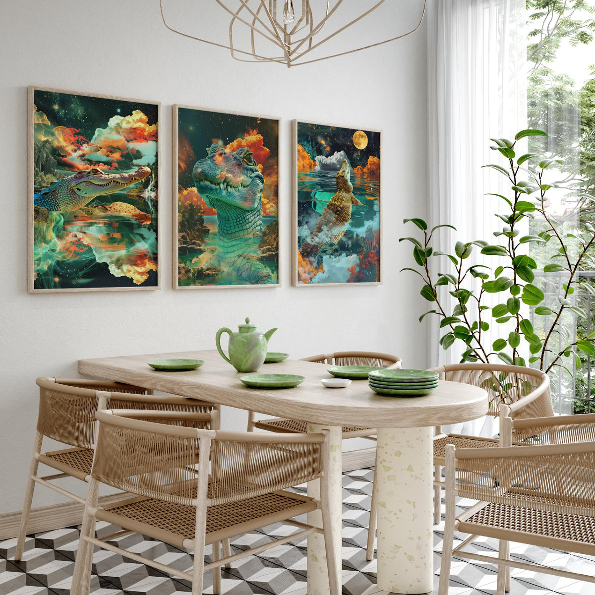 Crocodile Set of Three Art Prints - 3 Double Exposure Reptile Posters - Surreal Water Cloud Nature Wall Art Gift Painting