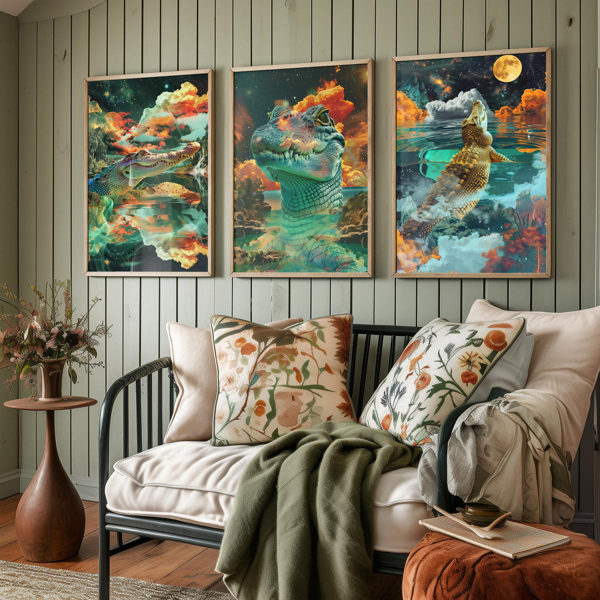 Crocodile Set of Three Art Prints - 3 Double Exposure Reptile Posters - Surreal Water Cloud Nature Wall Art Gift Painting