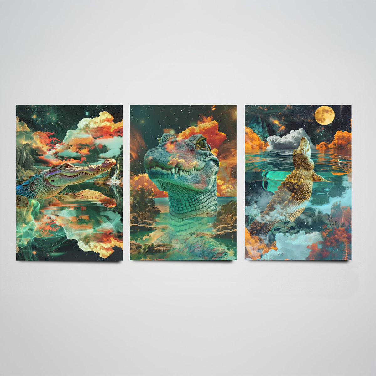 Crocodile Set of Three Art Prints - 3 Double Exposure Reptile Posters - Surreal Water Cloud Nature Wall Art Gift Painting