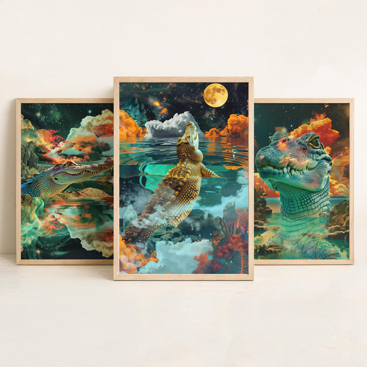 Crocodile Set of Three Art Prints - 3 Double Exposure Reptile Posters - Surreal Water Cloud Nature Wall Art Gift Painting