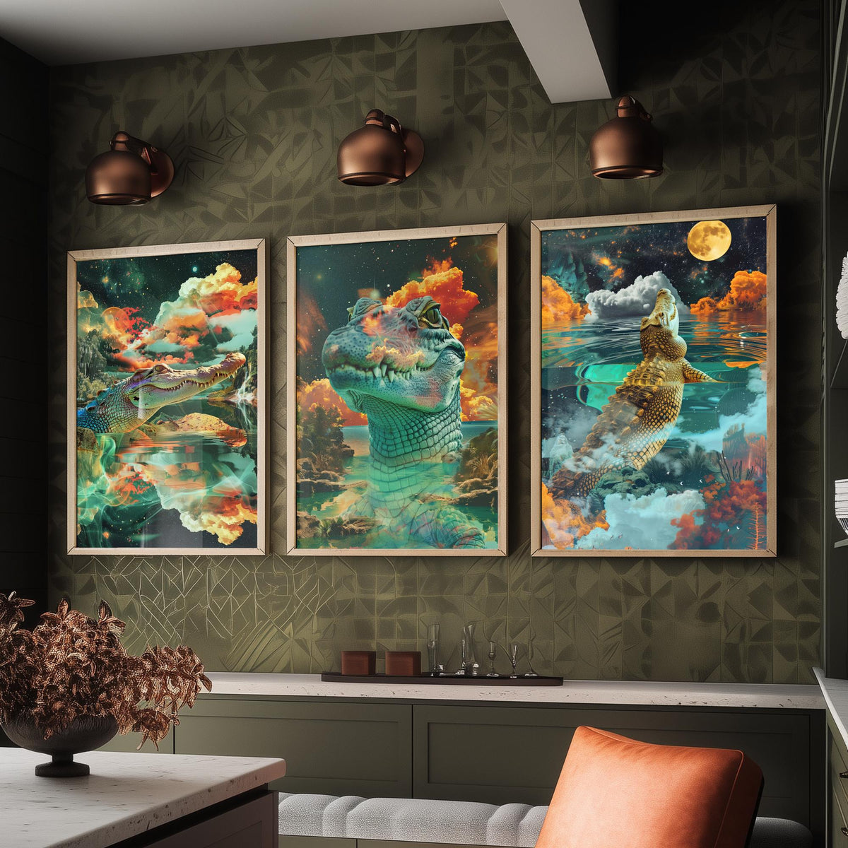 Crocodile Set of Three Art Prints - 3 Double Exposure Reptile Posters - Surreal Water Cloud Nature Wall Art Gift Painting