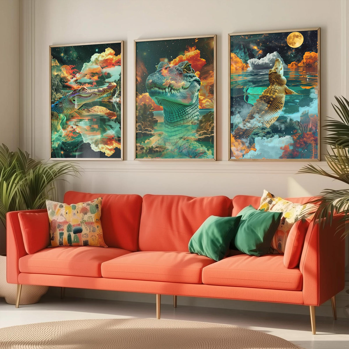 Crocodile Set of Three Art Prints - 3 Double Exposure Reptile Posters - Surreal Water Cloud Nature Wall Art Gift Painting