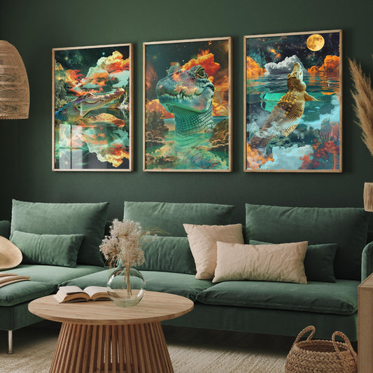 Crocodile Set of Three Art Prints - 3 Double Exposure Reptile Posters - Surreal Water Cloud Nature Wall Art Gift Painting