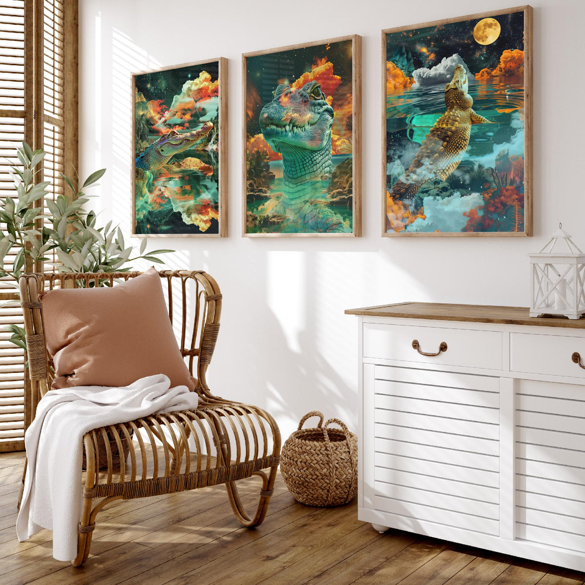 Crocodile Set of Three Art Prints - 3 Double Exposure Reptile Posters - Surreal Water Cloud Nature Wall Art Gift Painting
