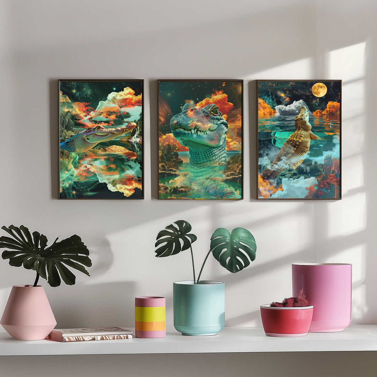 Crocodile Set of Three Art Prints - 3 Double Exposure Reptile Posters - Surreal Water Cloud Nature Wall Art Gift Painting
