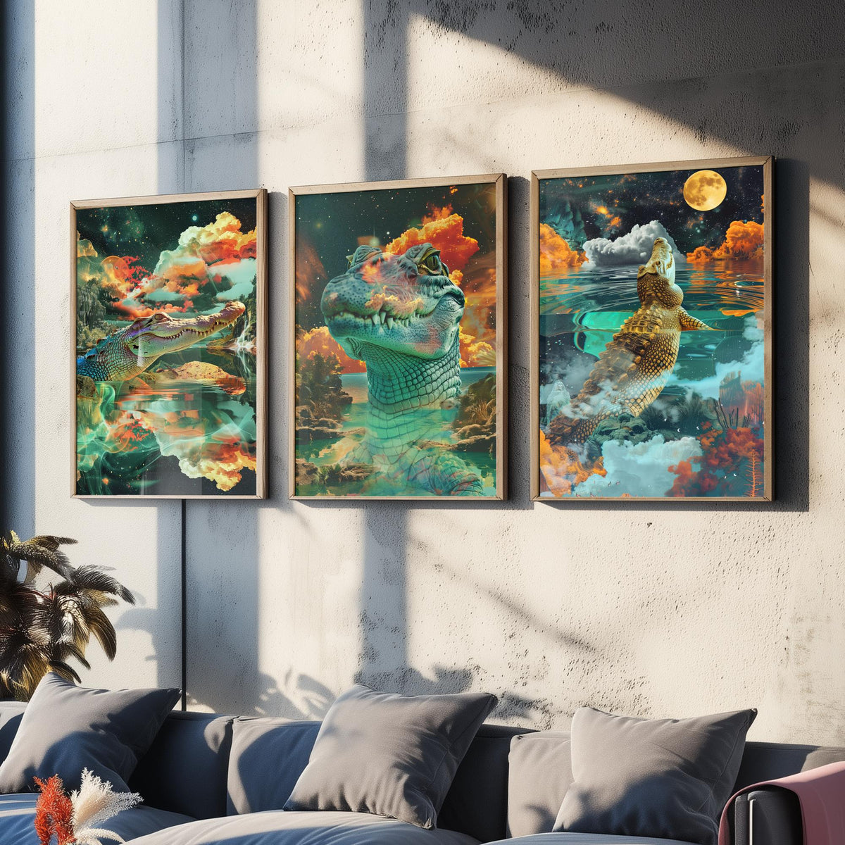 Crocodile Set of Three Art Prints - 3 Double Exposure Reptile Posters - Surreal Water Cloud Nature Wall Art Gift Painting