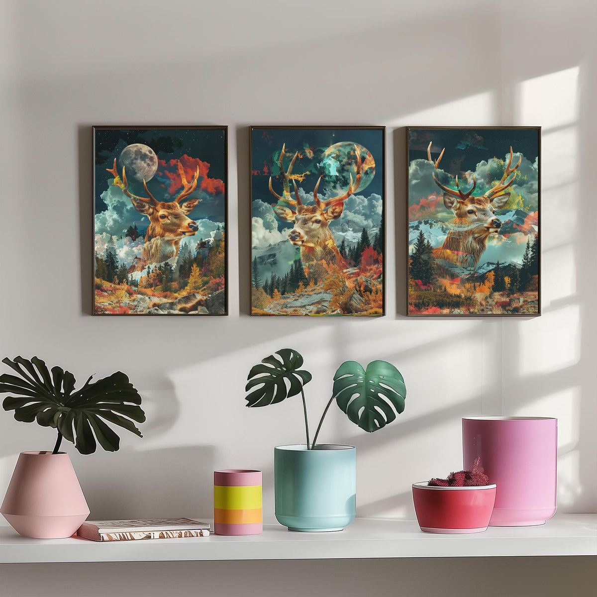 Stag Deer Set of Three Art Prints - 3 Double Exposure Woodland Posters - Autumn Forest Surreal Nature Wall Art Gift Painting