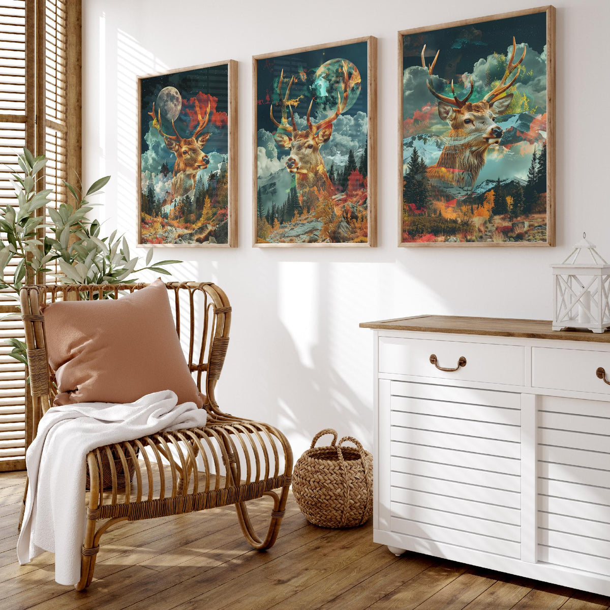 Stag Deer Set of Three Art Prints - 3 Double Exposure Woodland Posters - Autumn Forest Surreal Nature Wall Art Gift Painting