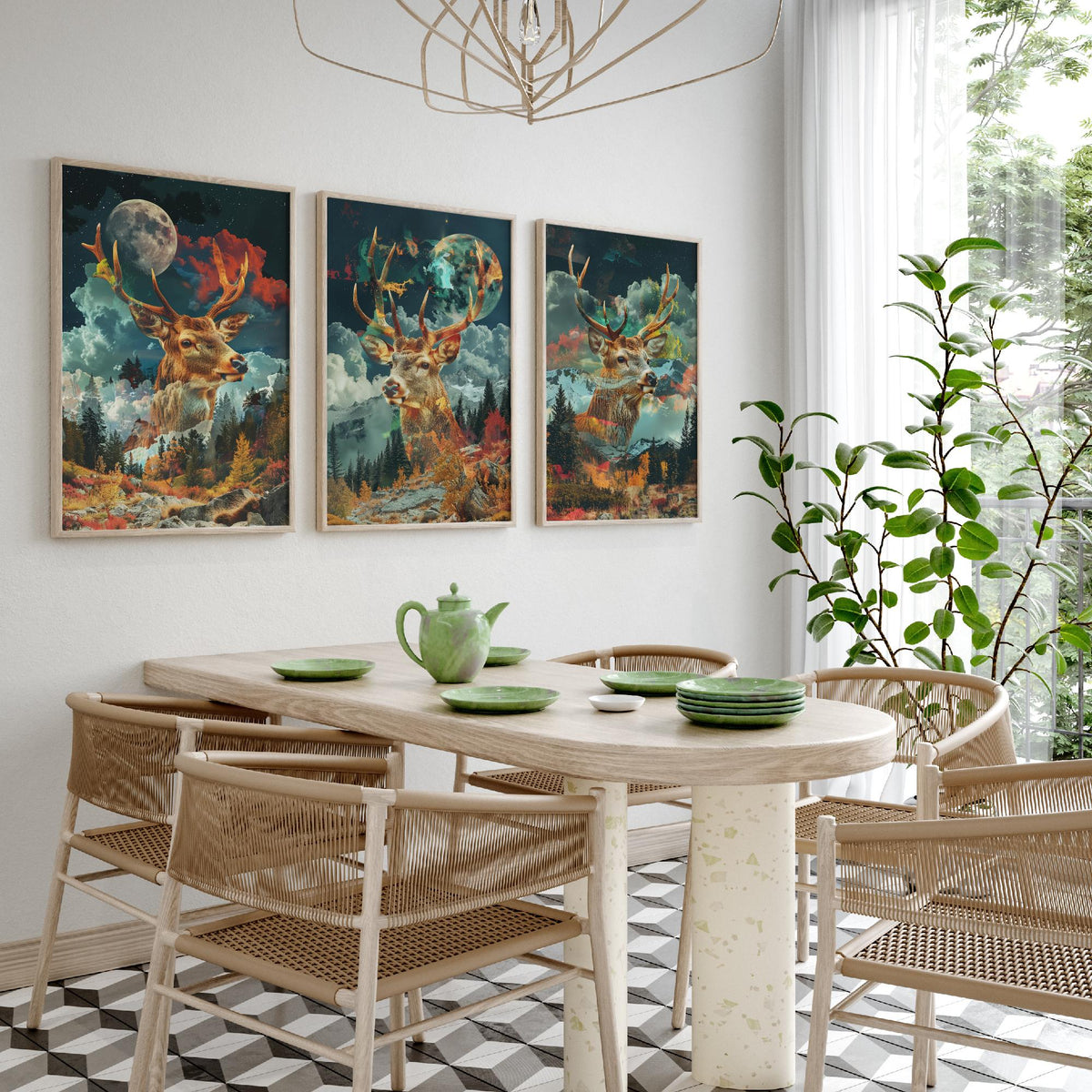 Stag Deer Set of Three Art Prints - 3 Double Exposure Woodland Posters - Autumn Forest Surreal Nature Wall Art Gift Painting