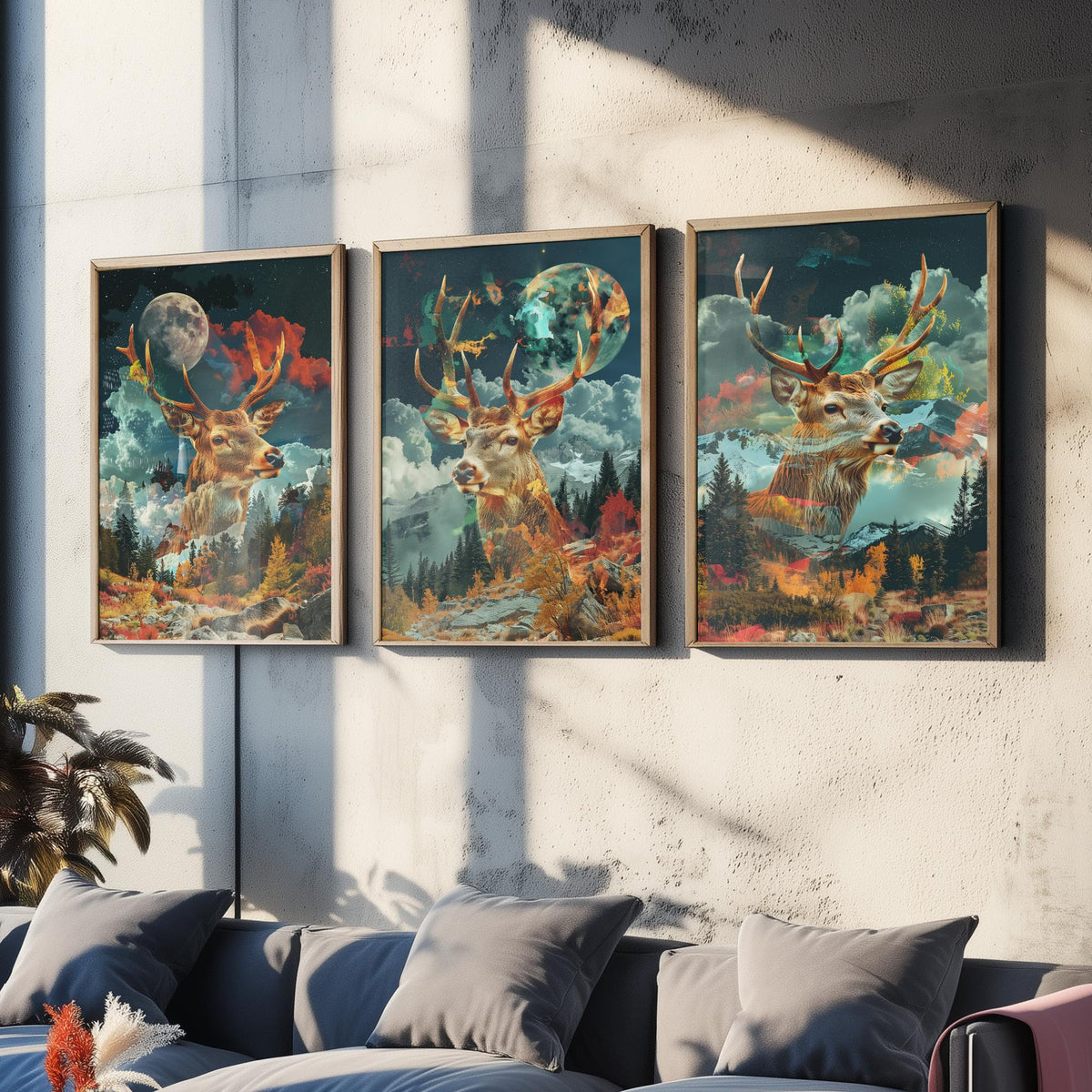 Stag Deer Set of Three Art Prints - 3 Double Exposure Woodland Posters - Autumn Forest Surreal Nature Wall Art Gift Painting