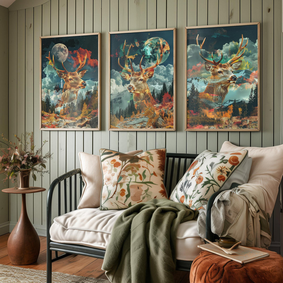Stag Deer Set of Three Art Prints - 3 Double Exposure Woodland Posters - Autumn Forest Surreal Nature Wall Art Gift Painting
