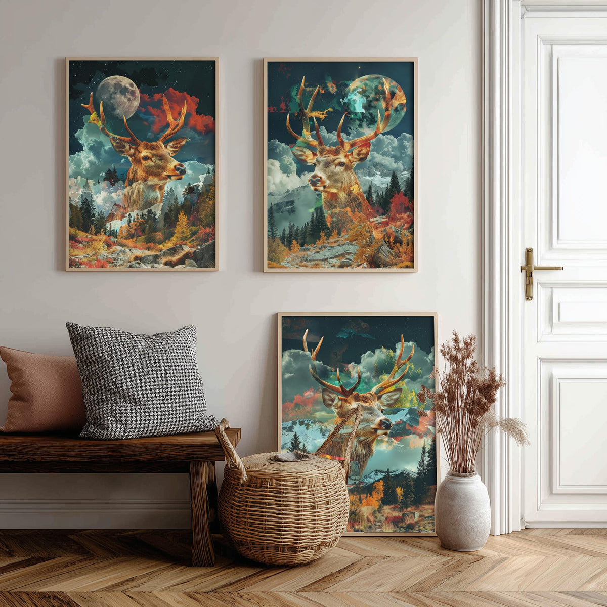 Stag Deer Set of Three Art Prints - 3 Double Exposure Woodland Posters - Autumn Forest Surreal Nature Wall Art Gift Painting