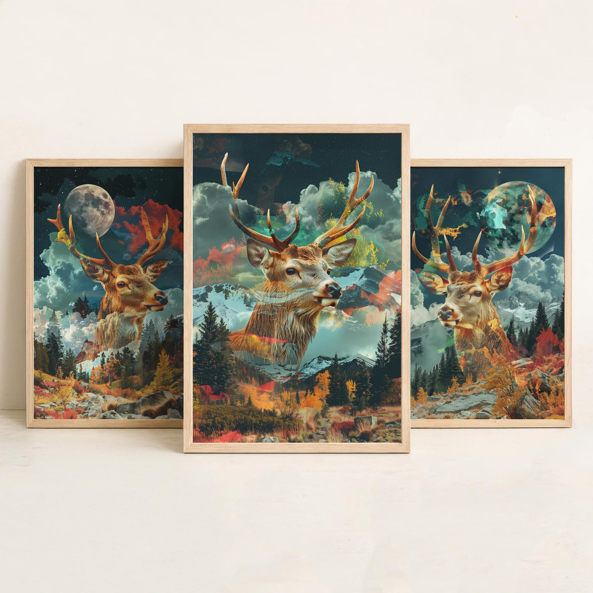 Stag Deer Set of Three Art Prints - 3 Double Exposure Woodland Posters - Autumn Forest Surreal Nature Wall Art Gift Painting