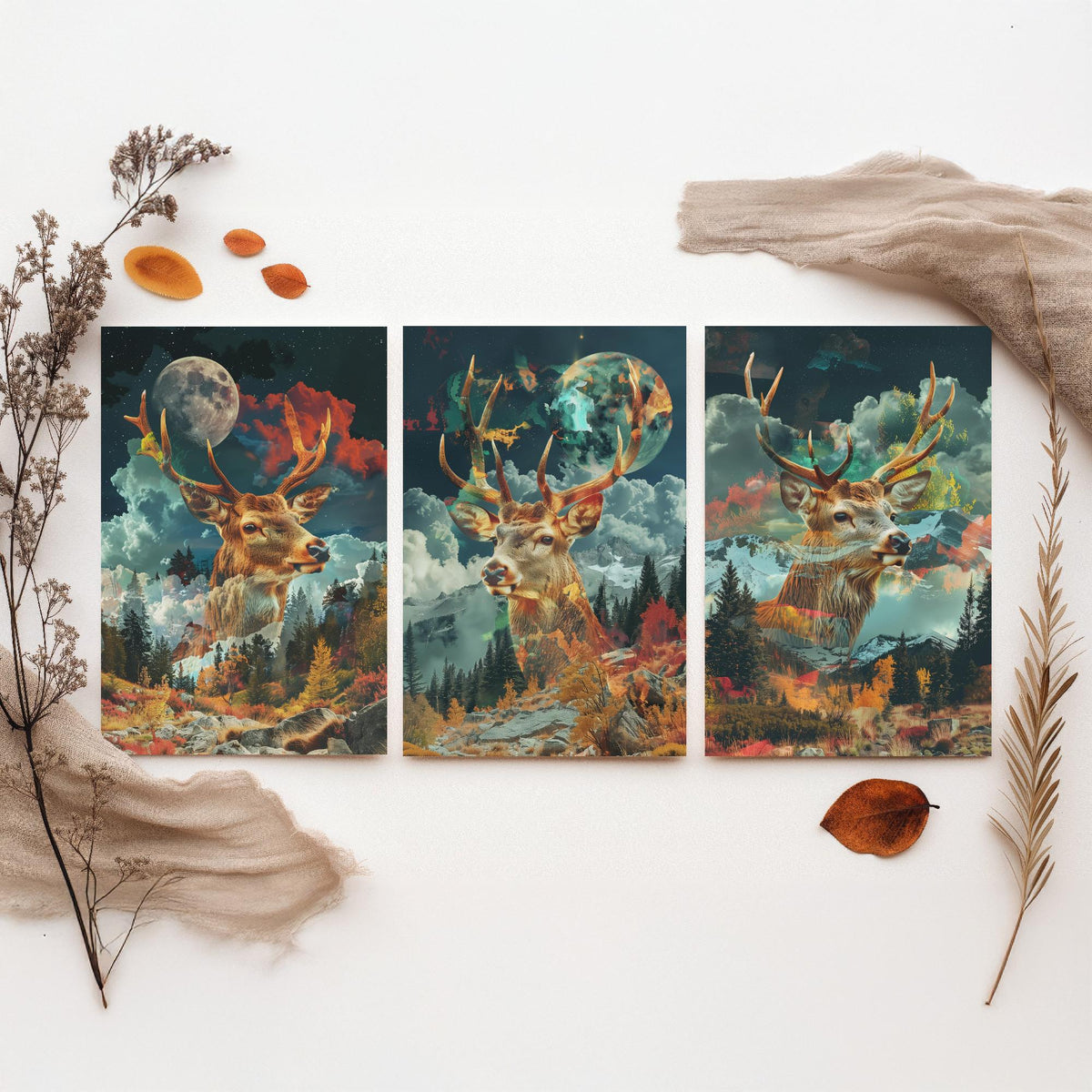 Stag Deer Set of Three Art Prints - 3 Double Exposure Woodland Posters - Autumn Forest Surreal Nature Wall Art Gift Painting