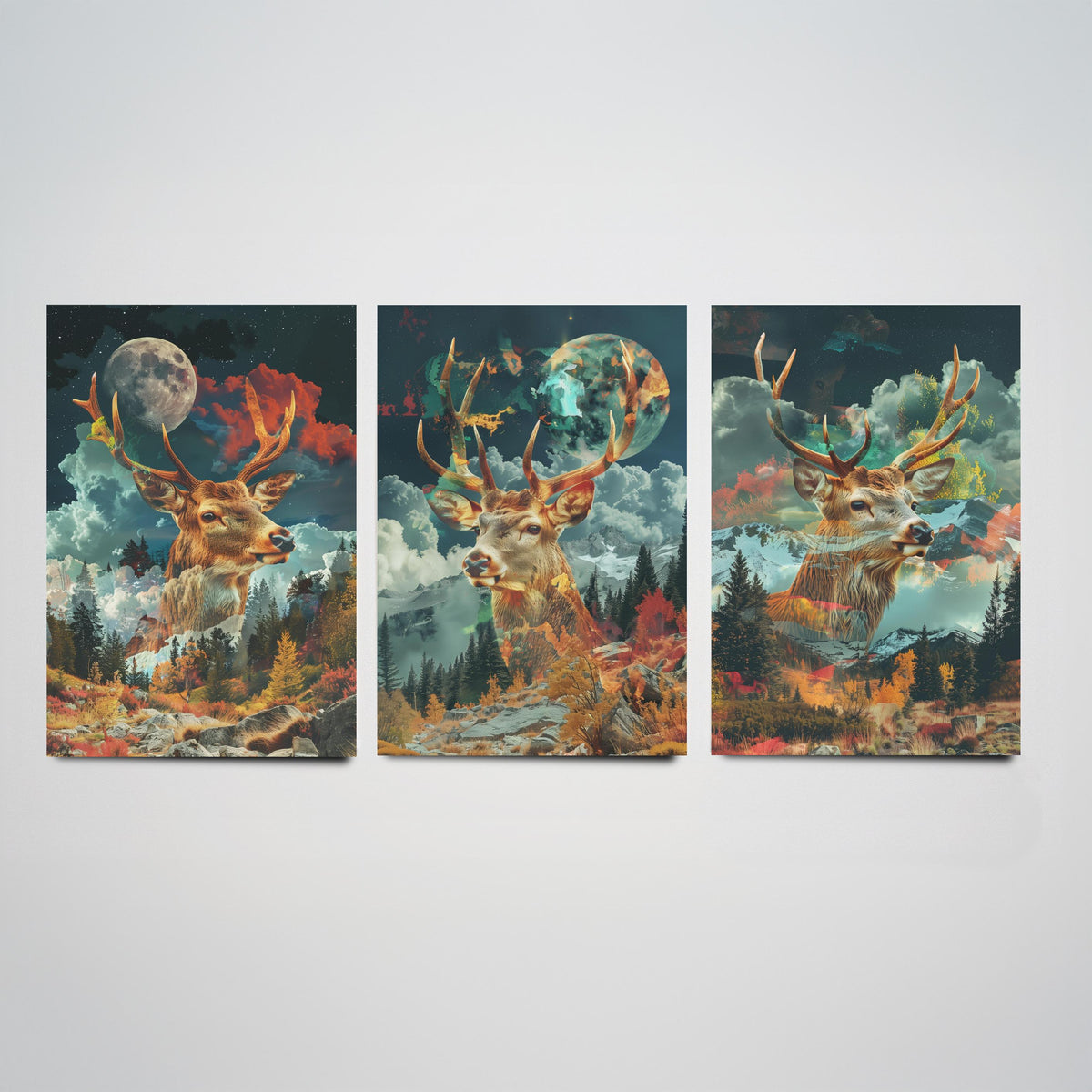Stag Deer Set of Three Art Prints - 3 Double Exposure Woodland Posters - Autumn Forest Surreal Nature Wall Art Gift Painting