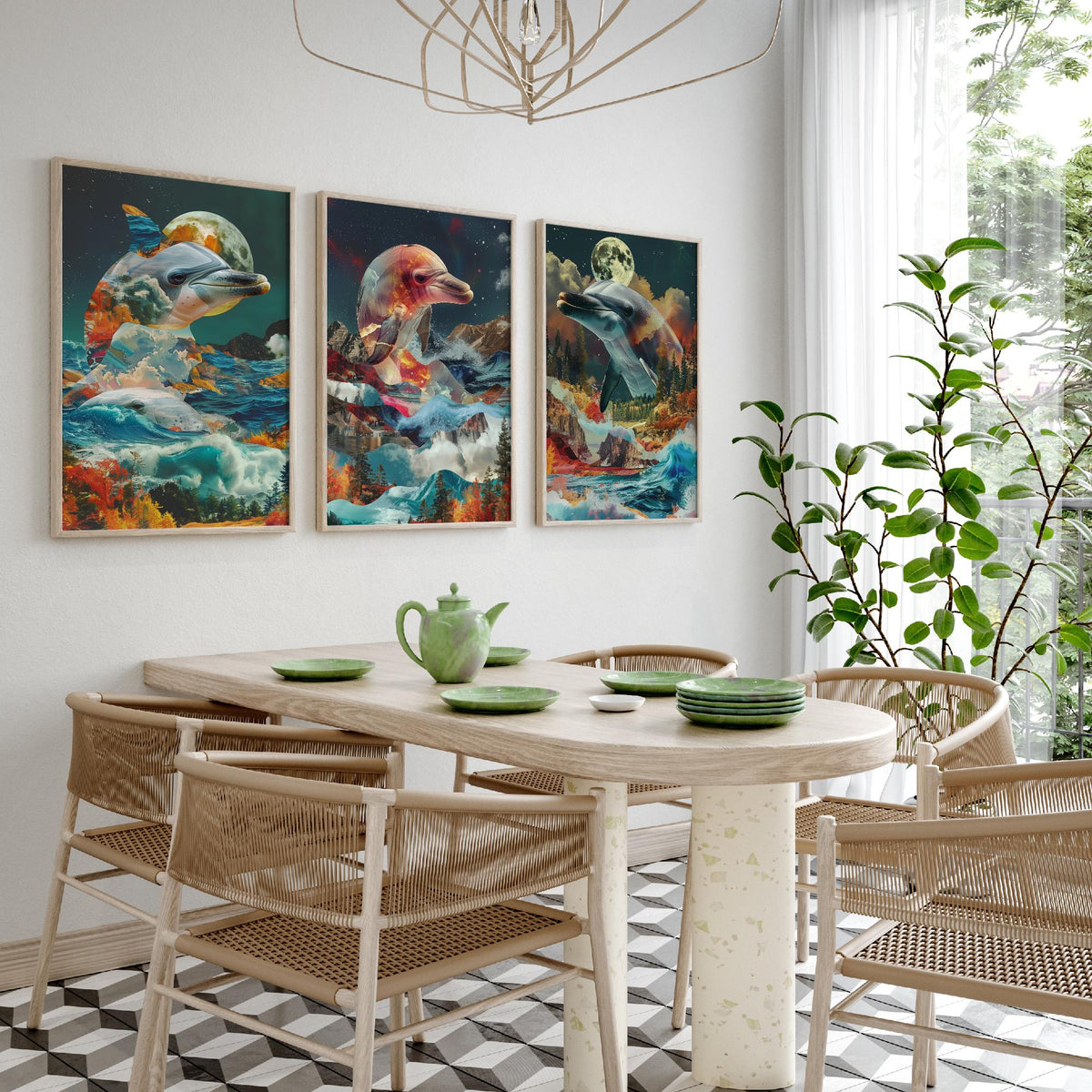 Dolphin Set of Three Art Prints - 3 Double Exposure Ocean Posters - Surreal Wave Moon Nature Wall Art Gift Painting Decor