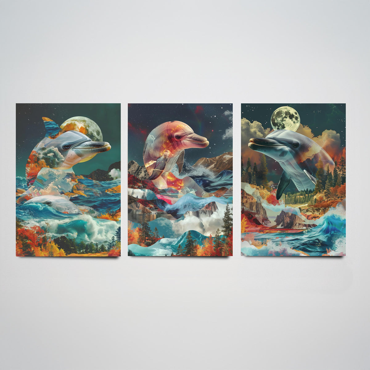 Dolphin Set of Three Art Prints - 3 Double Exposure Ocean Posters - Surreal Wave Moon Nature Wall Art Gift Painting Decor