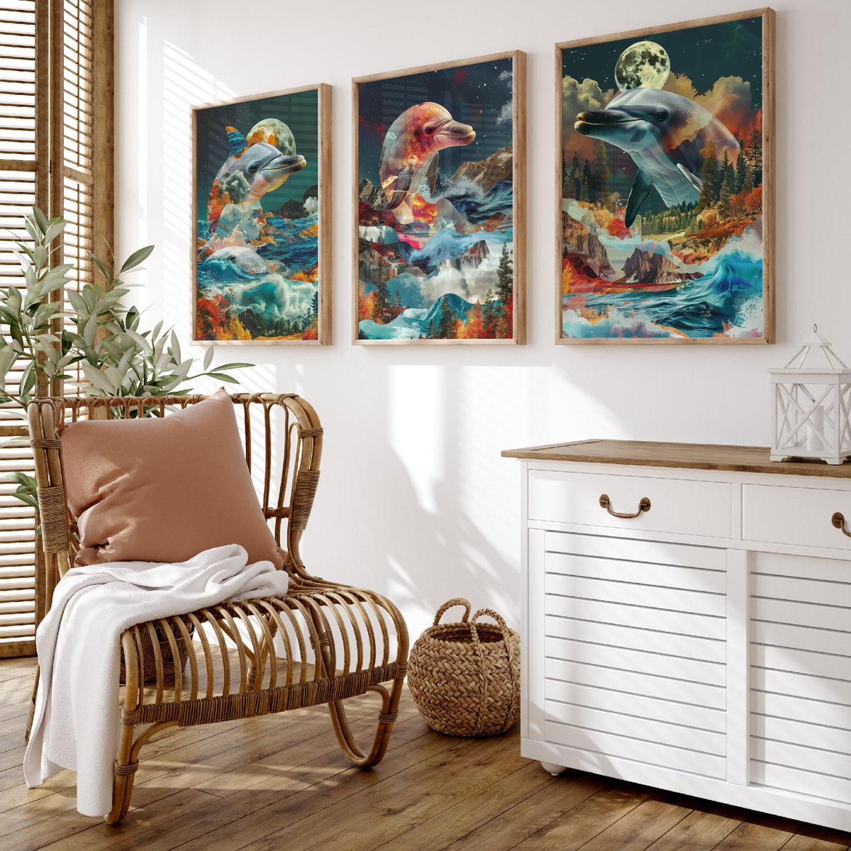 Dolphin Set of Three Art Prints - 3 Double Exposure Ocean Posters - Surreal Wave Moon Nature Wall Art Gift Painting Decor