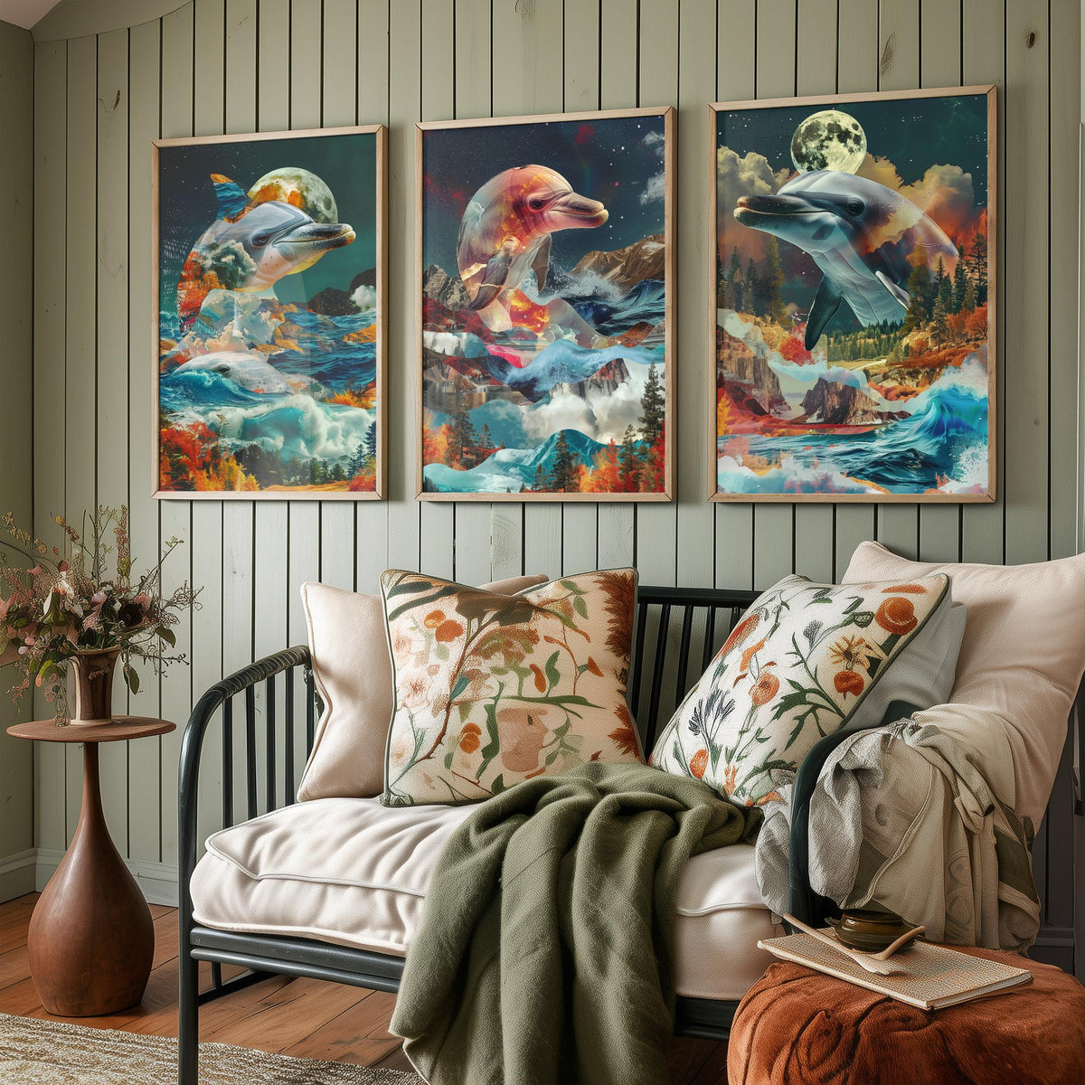 Dolphin Set of Three Art Prints - 3 Double Exposure Ocean Posters - Surreal Wave Moon Nature Wall Art Gift Painting Decor