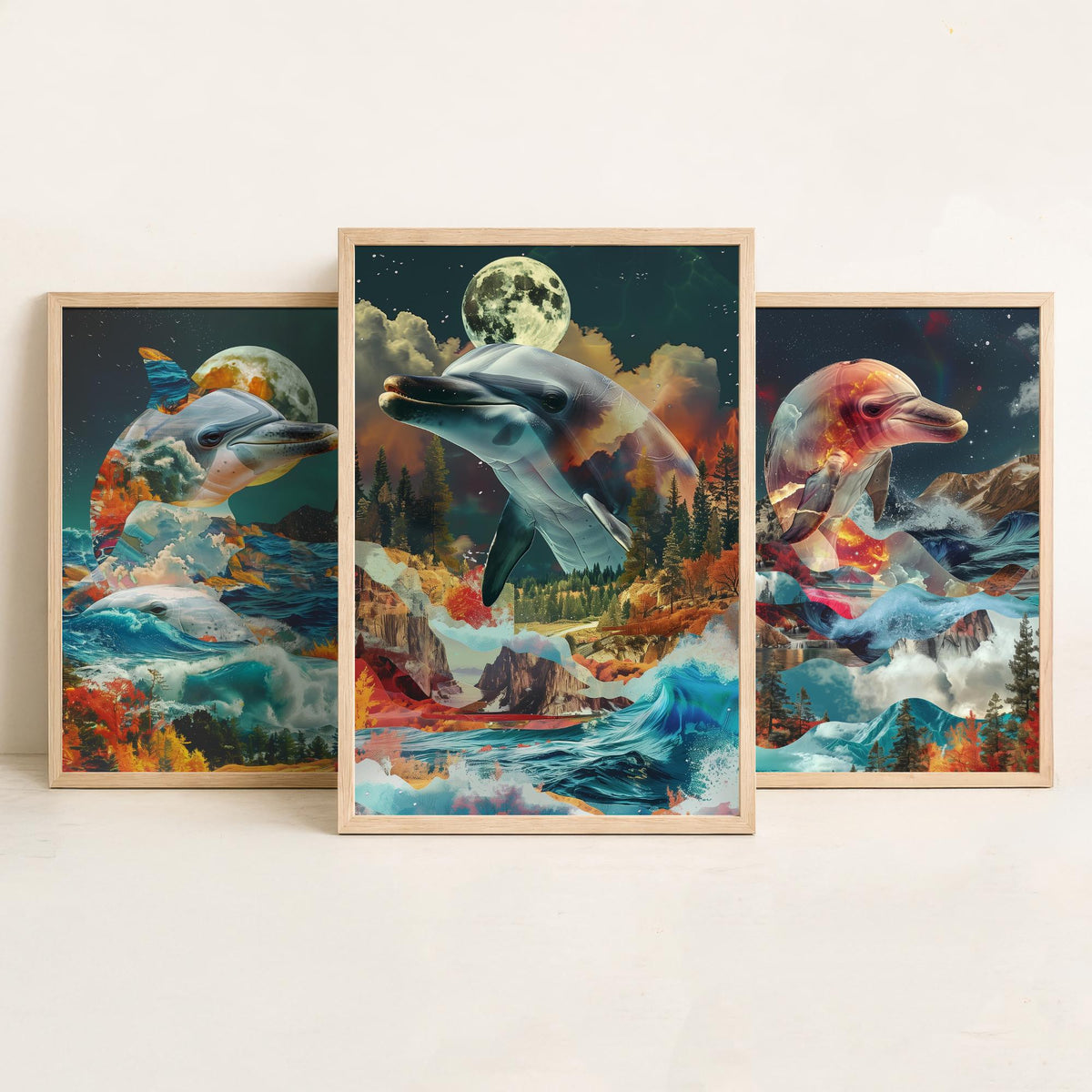 Dolphin Set of Three Art Prints - 3 Double Exposure Ocean Posters - Surreal Wave Moon Nature Wall Art Gift Painting Decor