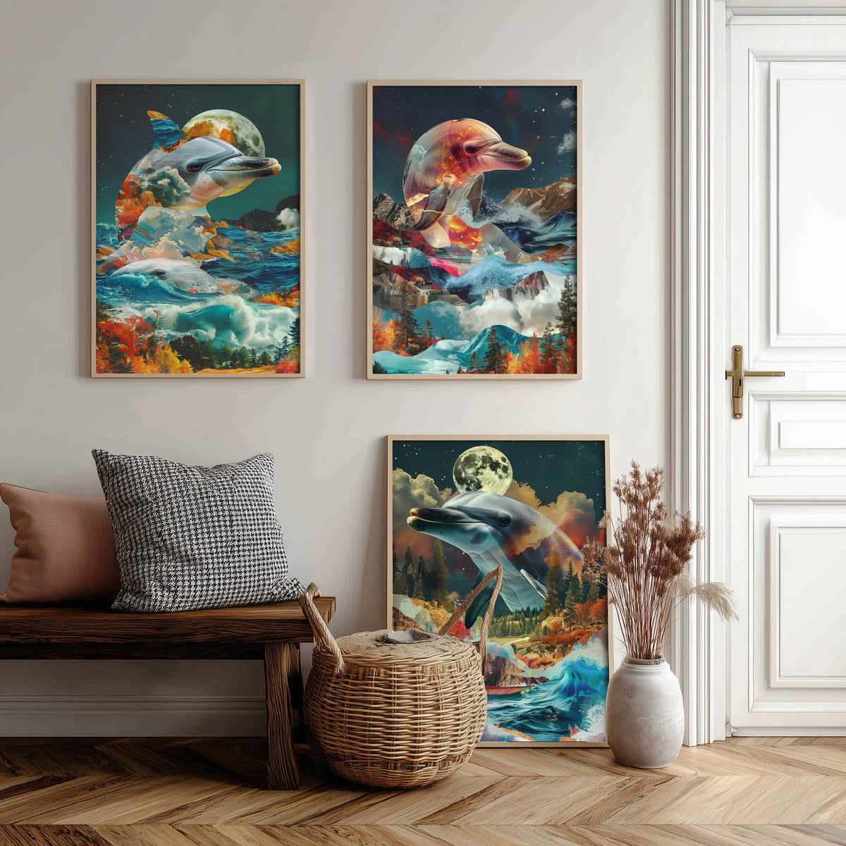 Dolphin Set of Three Art Prints - 3 Double Exposure Ocean Posters - Surreal Wave Moon Nature Wall Art Gift Painting Decor