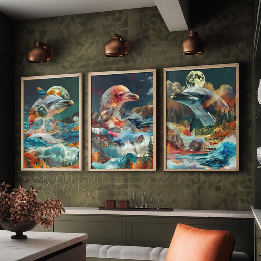 Dolphin Set of Three Art Prints - 3 Double Exposure Ocean Posters - Surreal Wave Moon Nature Wall Art Gift Painting Decor