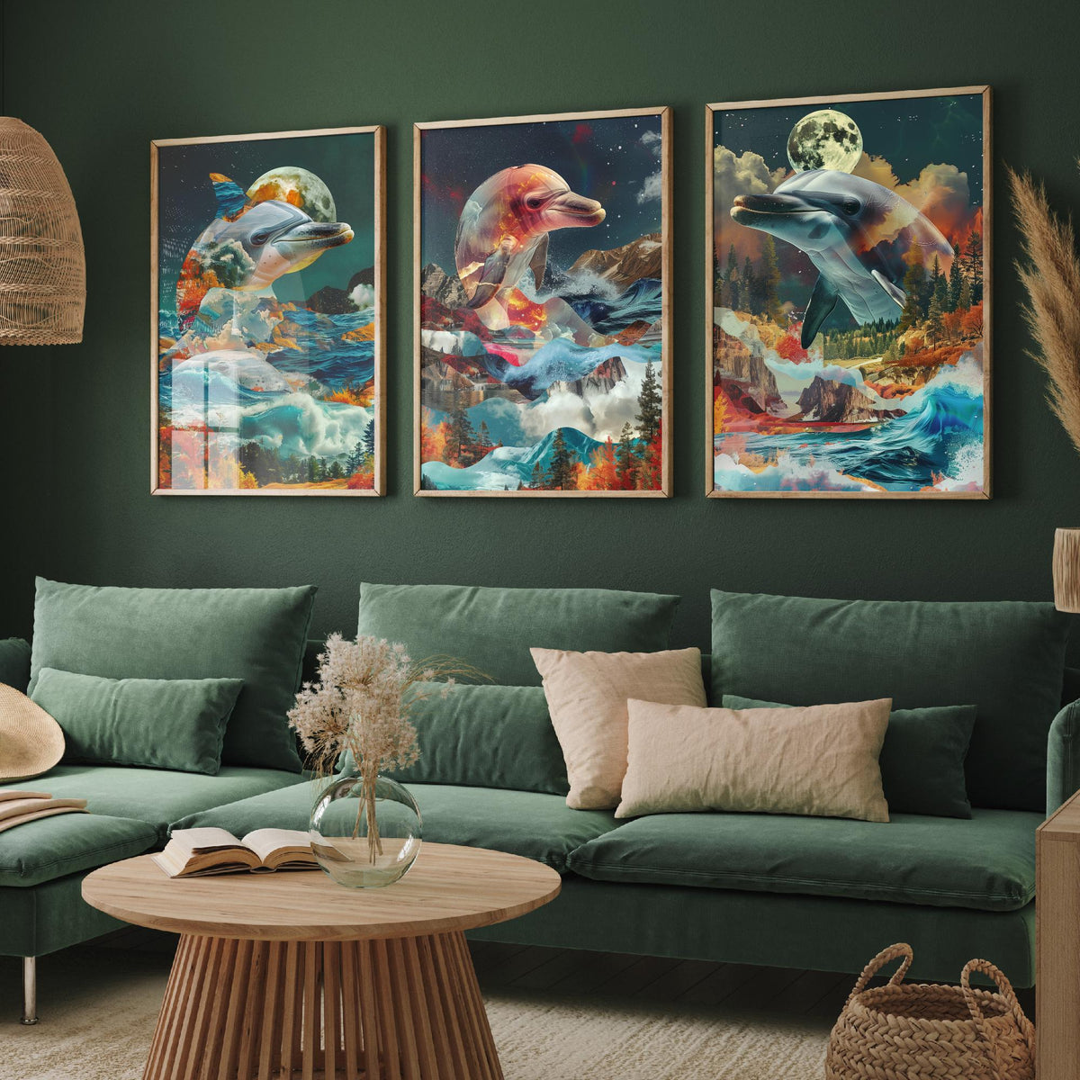 Dolphin Set of Three Art Prints - 3 Double Exposure Ocean Posters - Surreal Wave Moon Nature Wall Art Gift Painting Decor