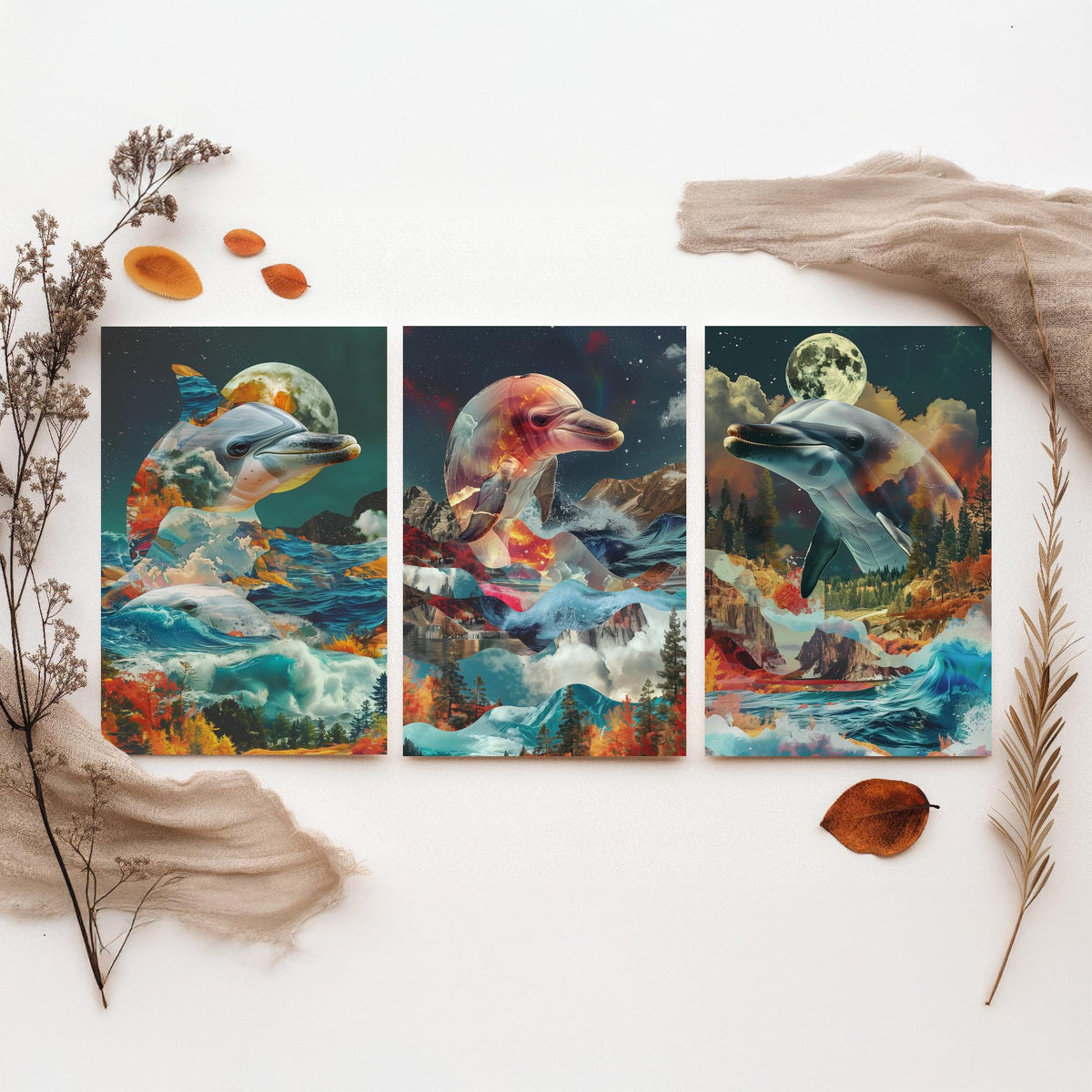 Dolphin Set of Three Art Prints - 3 Double Exposure Ocean Posters - Surreal Wave Moon Nature Wall Art Gift Painting Decor
