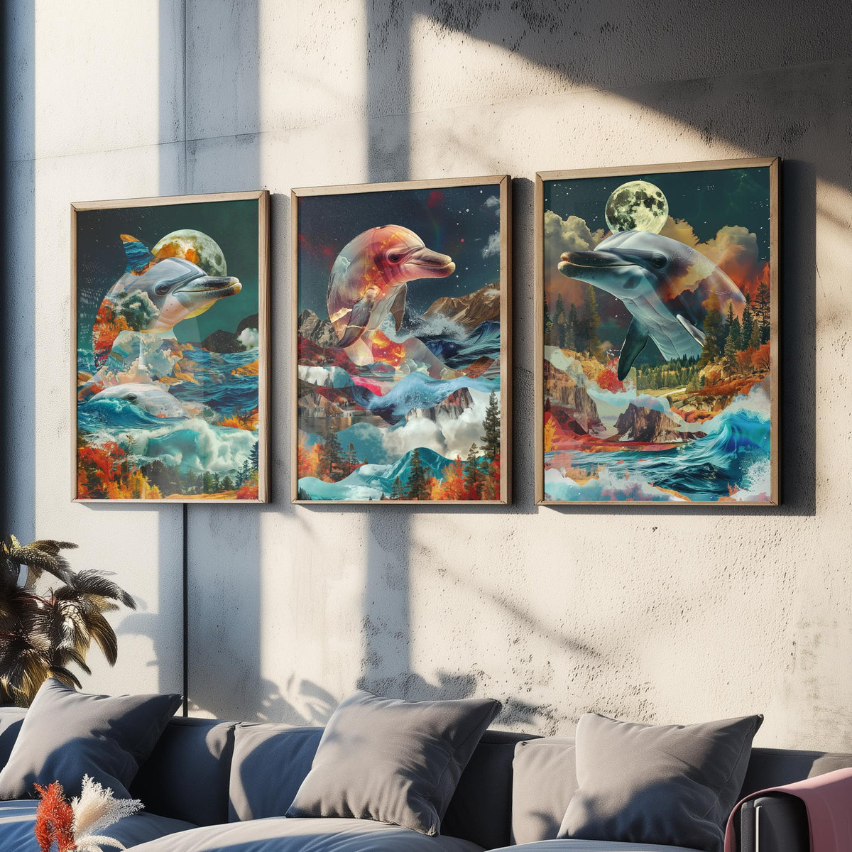 Dolphin Set of Three Art Prints - 3 Double Exposure Ocean Posters - Surreal Wave Moon Nature Wall Art Gift Painting Decor