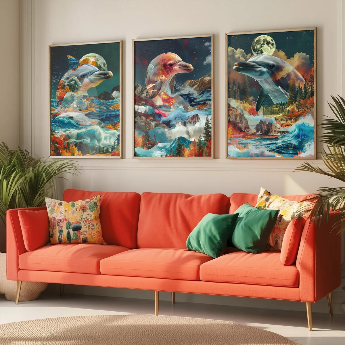 Dolphin Set of Three Art Prints - 3 Double Exposure Ocean Posters - Surreal Wave Moon Nature Wall Art Gift Painting Decor