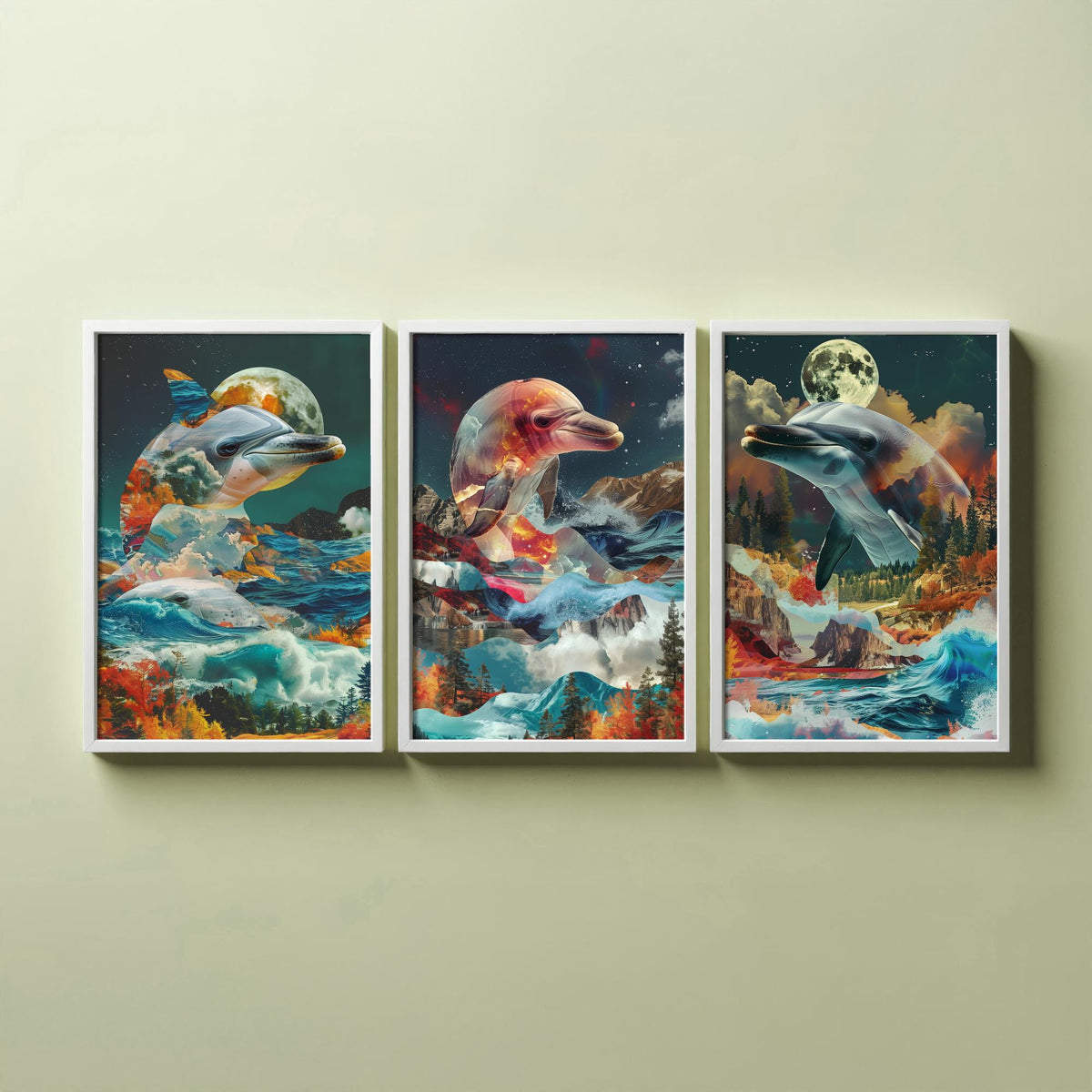 Dolphin Set of Three Art Prints - 3 Double Exposure Ocean Posters - Surreal Wave Moon Nature Wall Art Gift Painting Decor