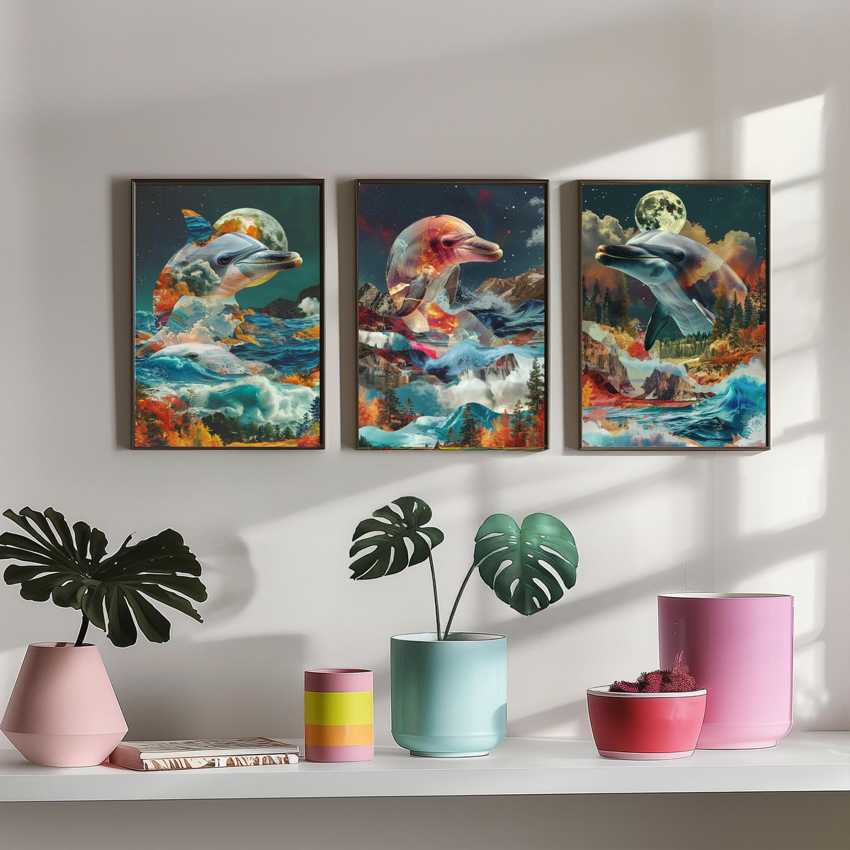 Dolphin Set of Three Art Prints - 3 Double Exposure Ocean Posters - Surreal Wave Moon Nature Wall Art Gift Painting Decor