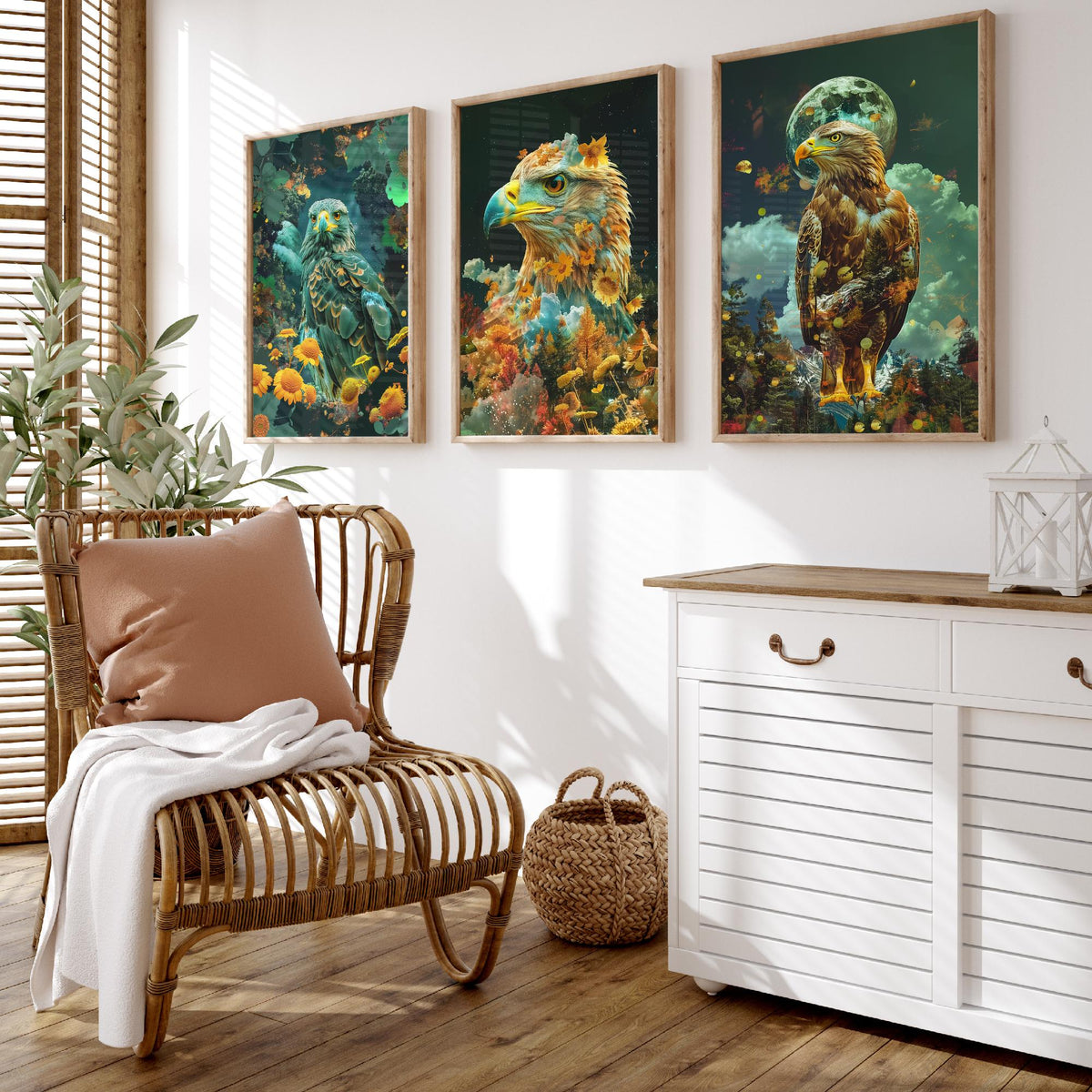 Eagle Set of Three Art Prints - 3 Double Exposure Bird Posters - Surreal Floral Sky Nature Wall Art Gift Painting Decor