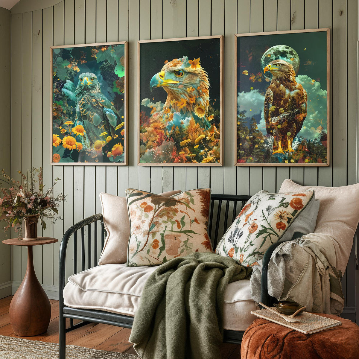 Eagle Set of Three Art Prints - 3 Double Exposure Bird Posters - Surreal Floral Sky Nature Wall Art Gift Painting Decor