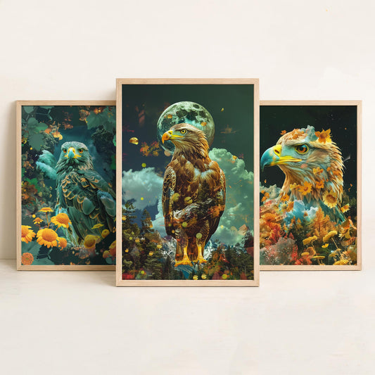 Eagle Set of Three Art Prints - 3 Double Exposure Bird Posters - Surreal Floral Sky Nature Wall Art Gift Painting Decor