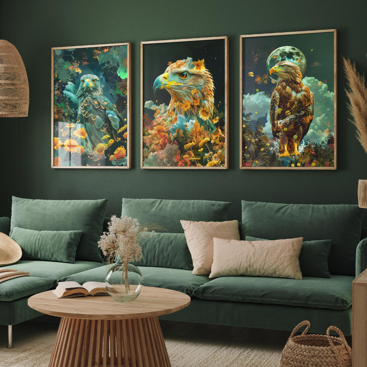 Eagle Set of Three Art Prints - 3 Double Exposure Bird Posters - Surreal Floral Sky Nature Wall Art Gift Painting Decor